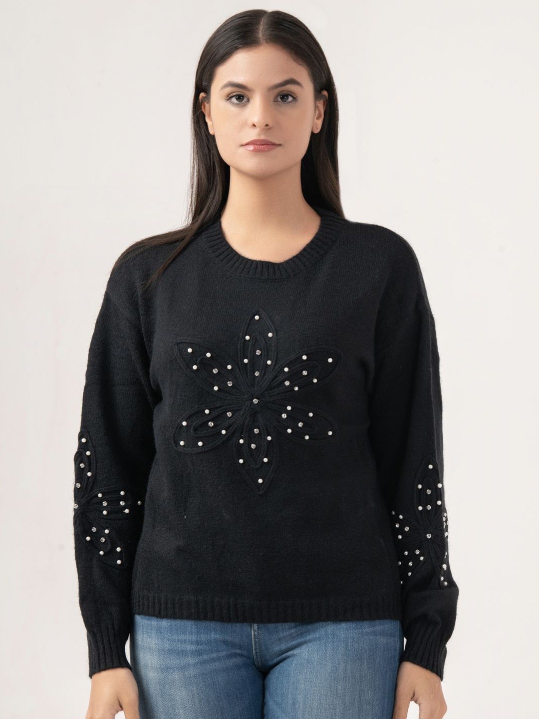 

Albion By CnM Women Floral Embroidered Pullover Sweater, Black