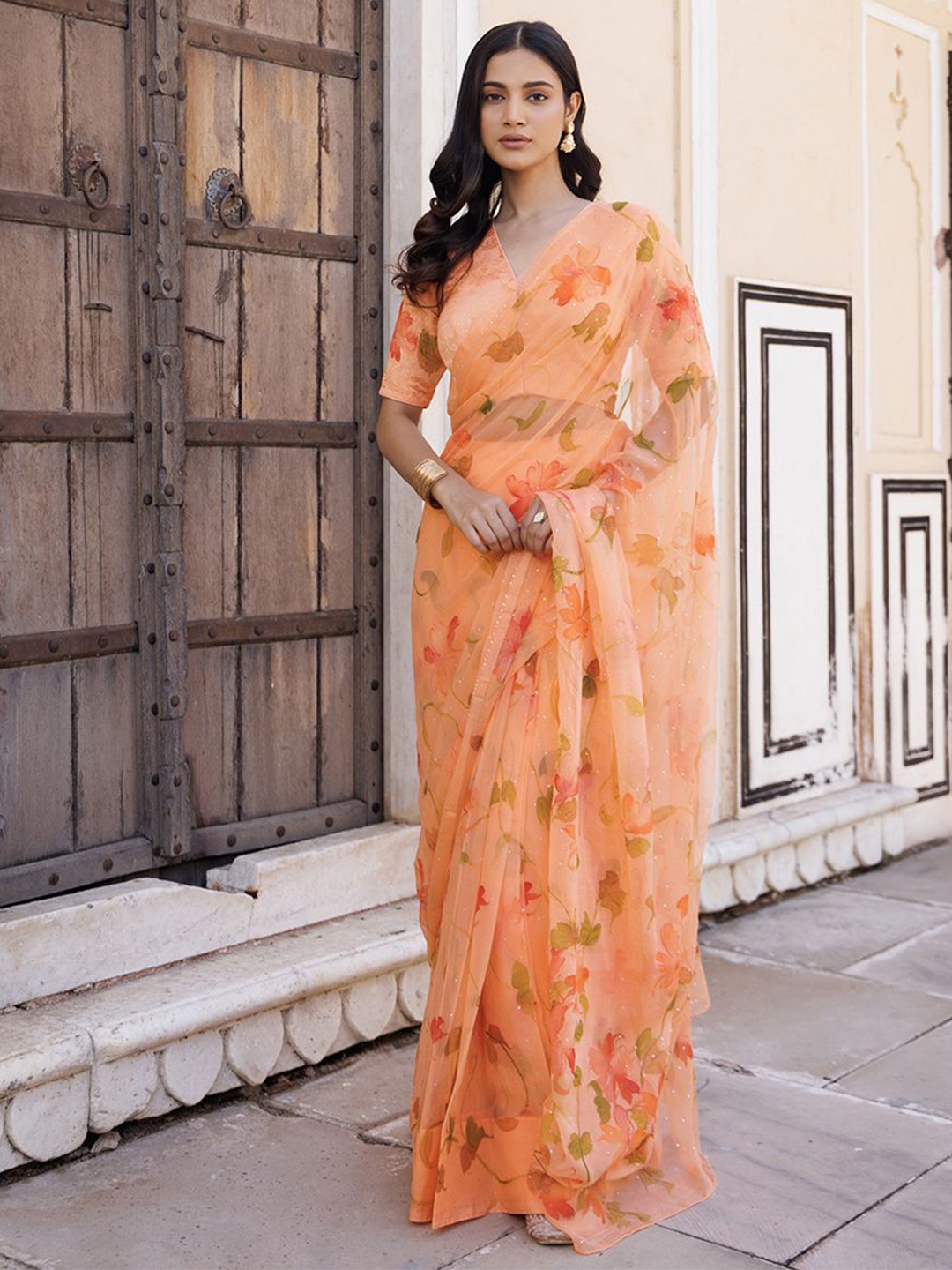 

Geroo Luxe Floral Printed Mukaish Ready to Wear Saree, Orange