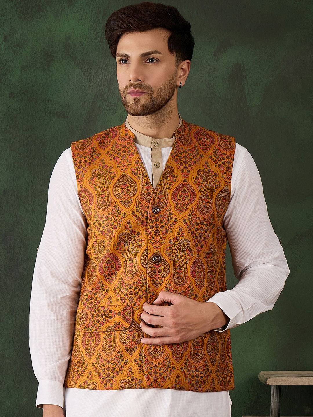 

Sangria Men Woven Design Winter Pashmina Nehru Jacket, Mustard