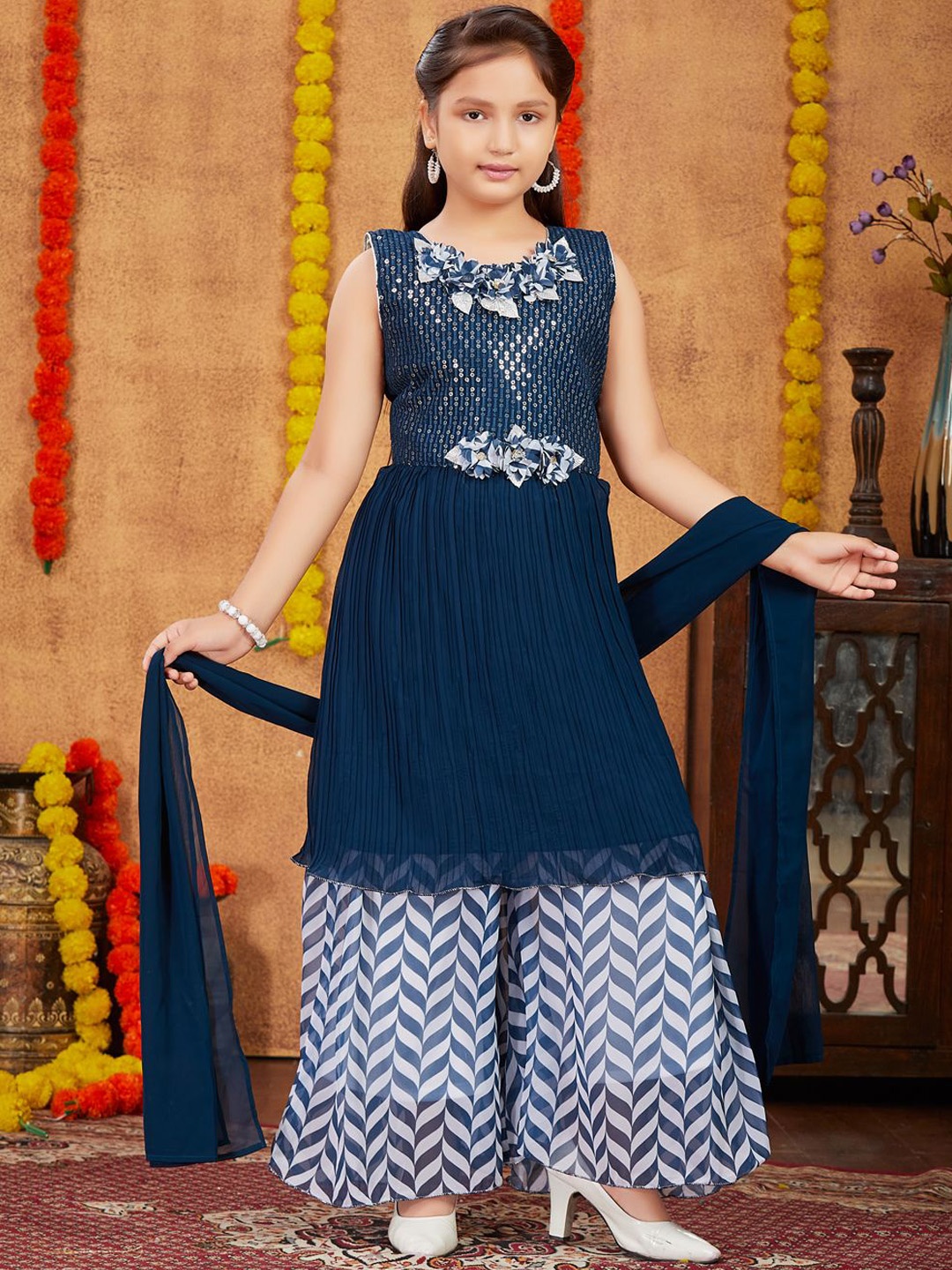 

Sangria Girls Floral Embroidered Sequinned Georgette A-Line Kurta with Sharara & Dupatta, Teal