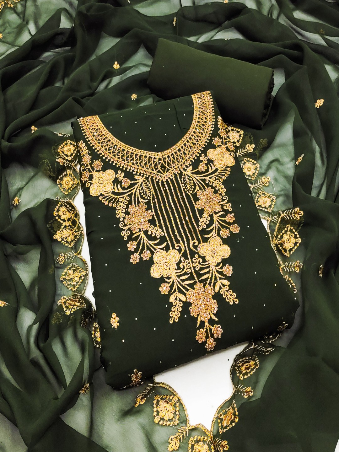 

Maroosh Floral Embroidered Beads and Stones Georgette Unstitched Dress Material, Green