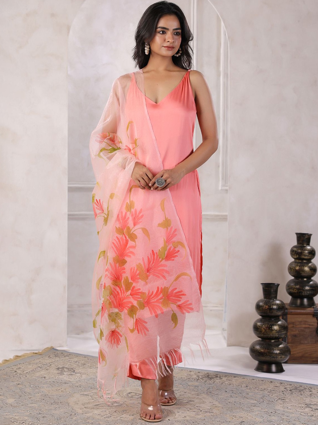 

Geroo Luxe Shoulder Straps Satin Straight Kurta With Trouser & Dupatta, Peach