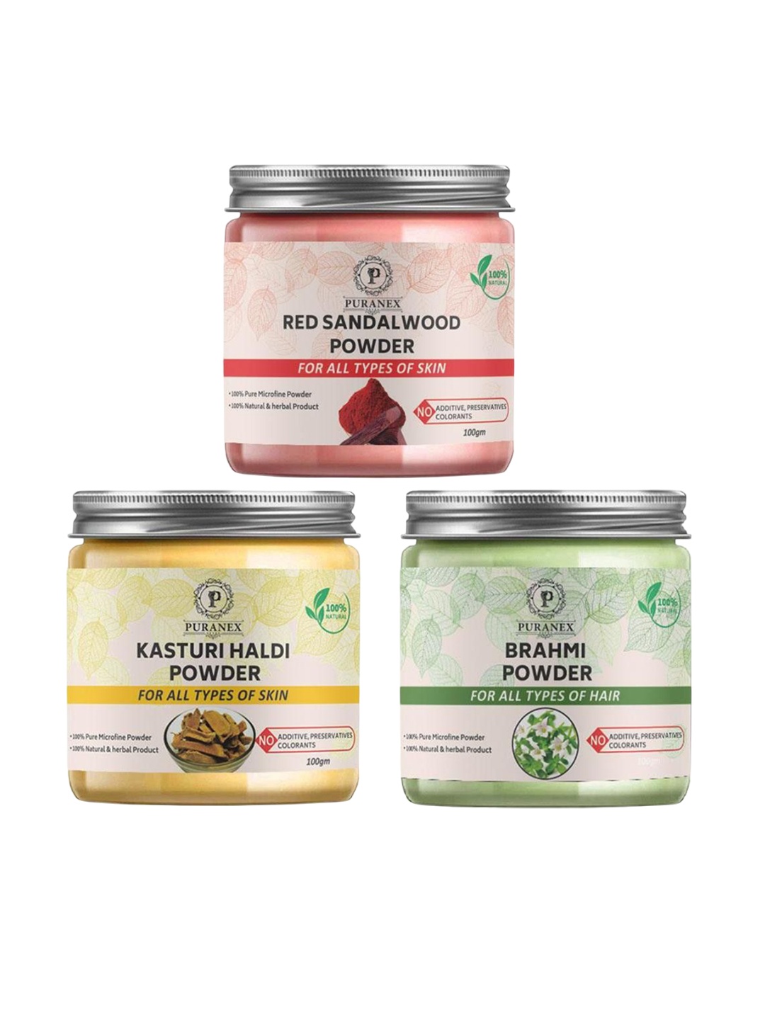 

Puranex Set Of 3 Red Sandalwood, Kasturi Haldi & Brahmi Hair & Skin Powder -100 g Each, White