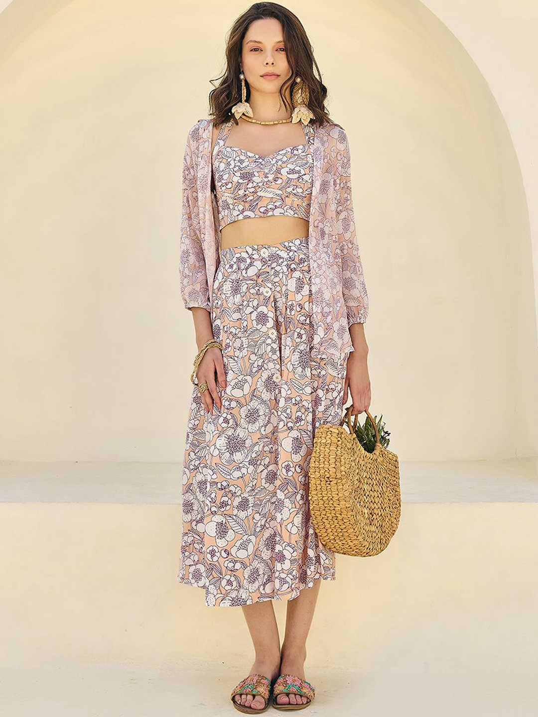 

Midsummer Printed Halter Neck Top with Skirt and Jacket, Peach