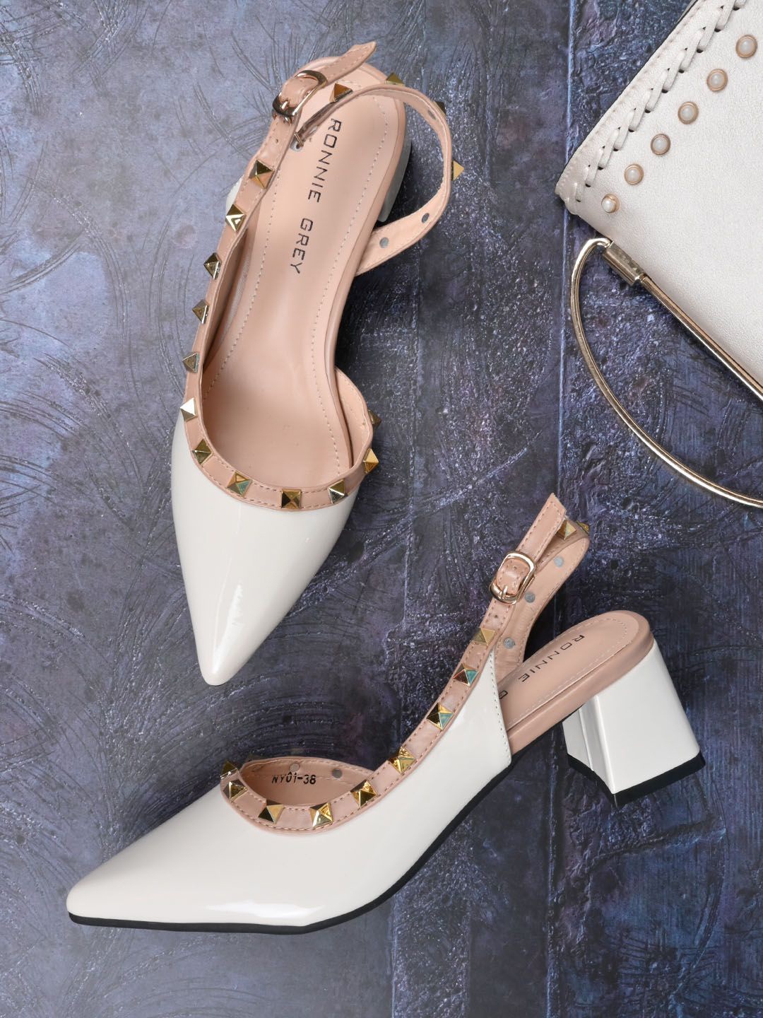 

Ronnie Grey PU Block Pumps with Buckles, Beige