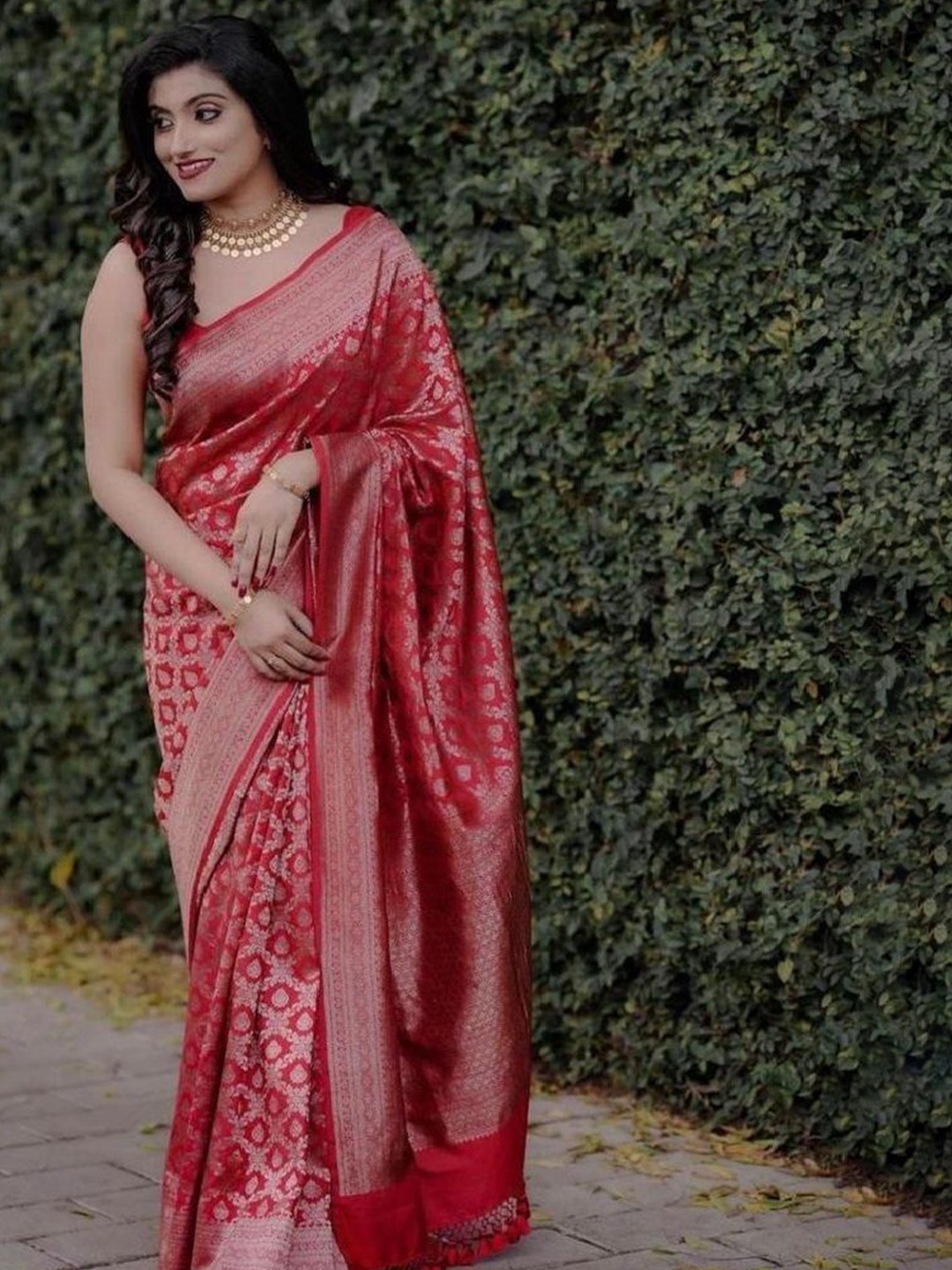 

Fashion Booms Ethnic Motifs Zari Pure Silk Banarasi Saree, Red