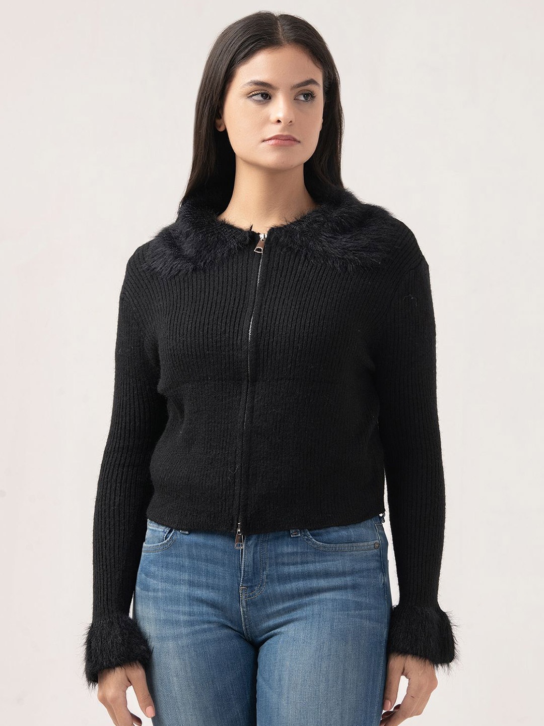 

Albion By CnM Women Ribbed Fur Collar Cardigan, Black