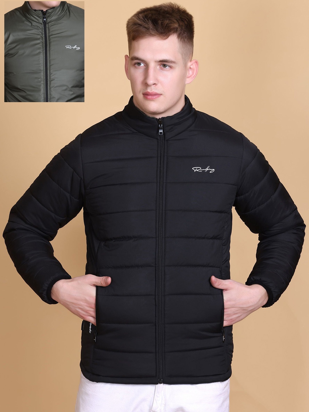 

Roadking Men Mock Collar Solid Casual Padded Jacket, Black