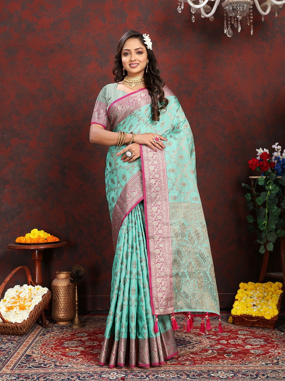 

Anaita Woven Design Zari Banarasi Saree, Turquoise blue