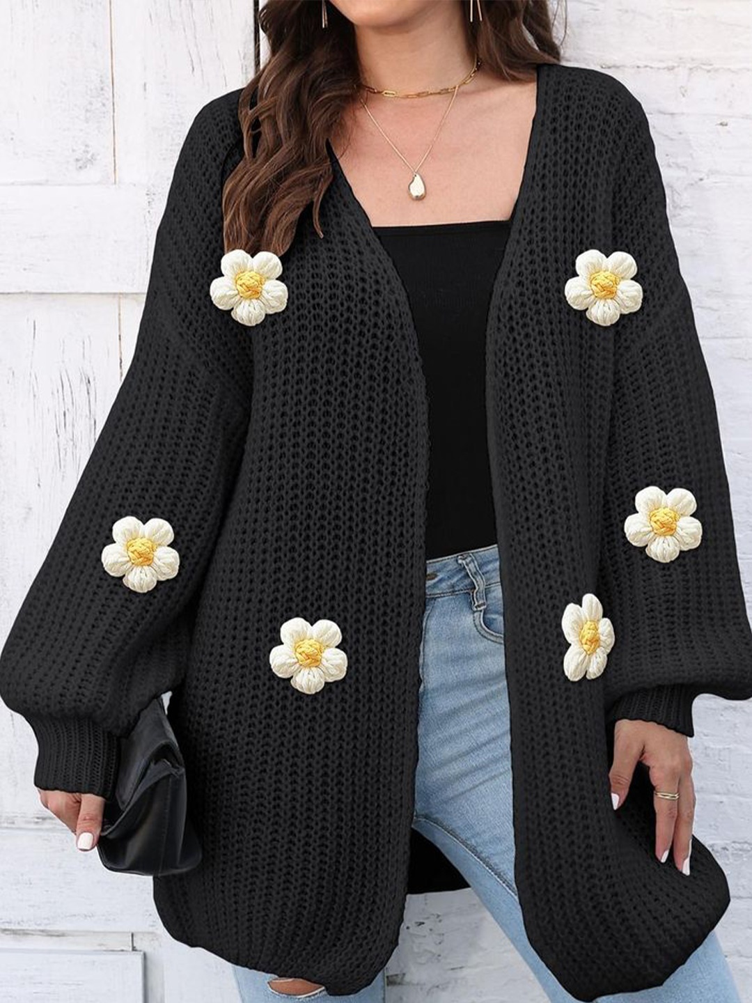 

LULU & SKY Women Floral Embroidered Front-Open Sweaters, Black