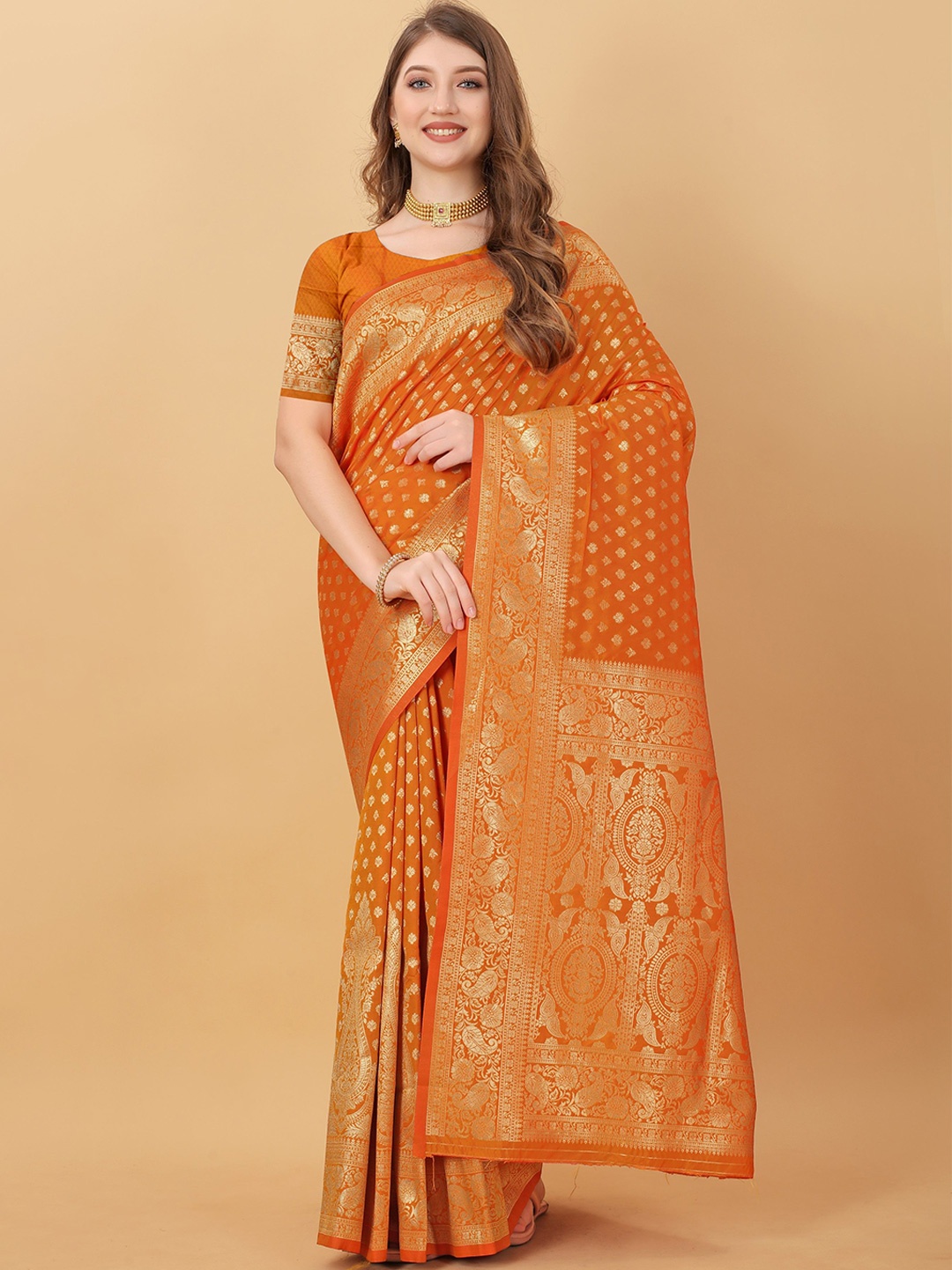 

Anaita Ethnic Motifs Zari Silk Blend Banarasi Saree, Orange