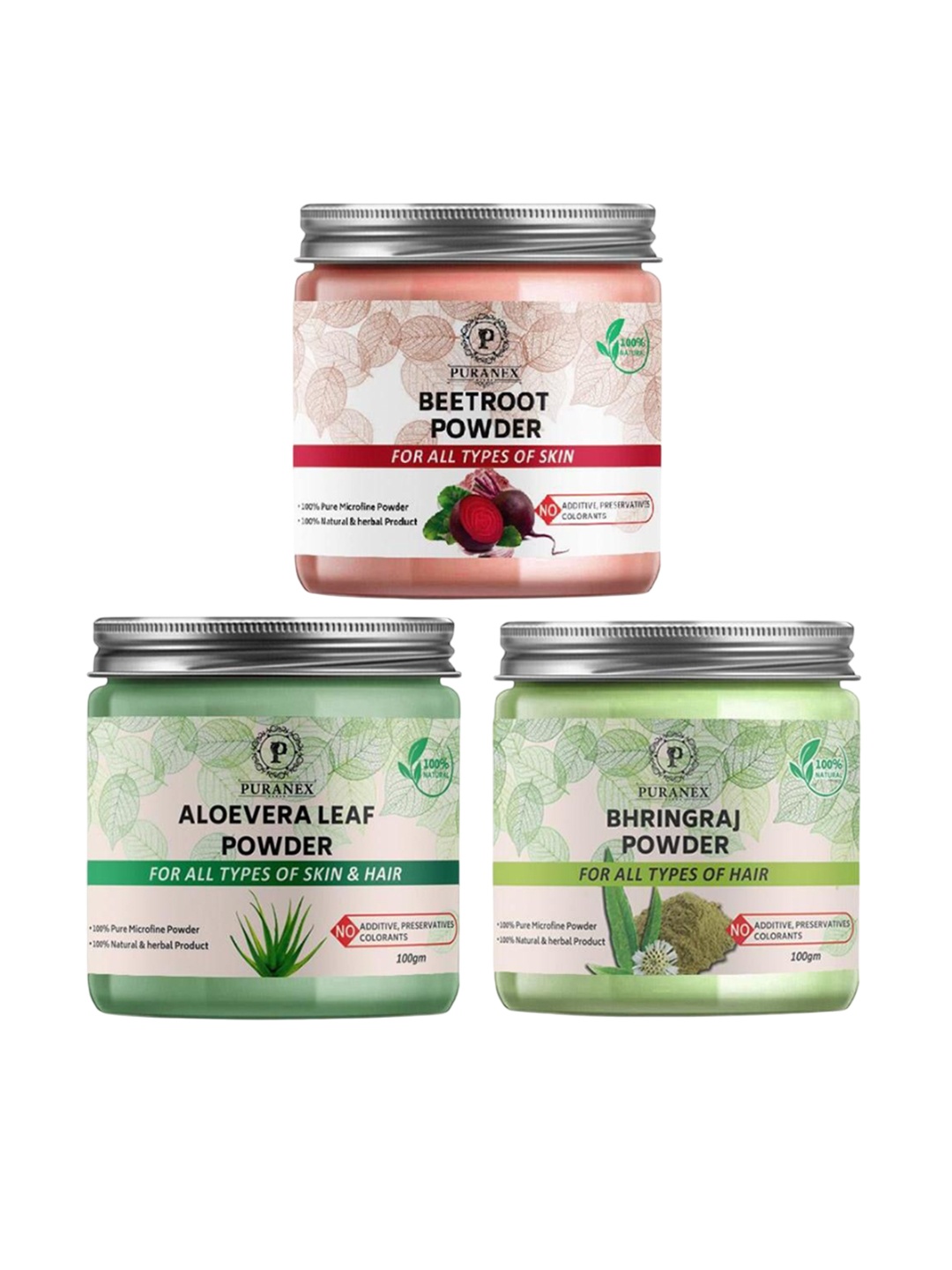 

Puranex Set Of 3 Natural Beetroot, Aloevera & Bhringraj Skin & Hair Powder-100 g Each, White