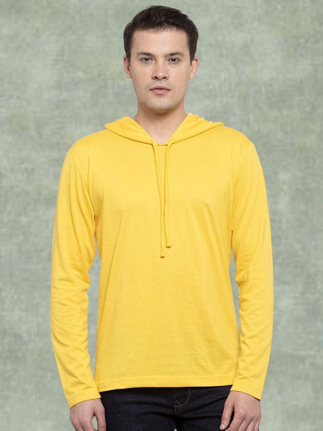 

Friskers Men Yellow Cotton Solid Hoodie T-shirt
