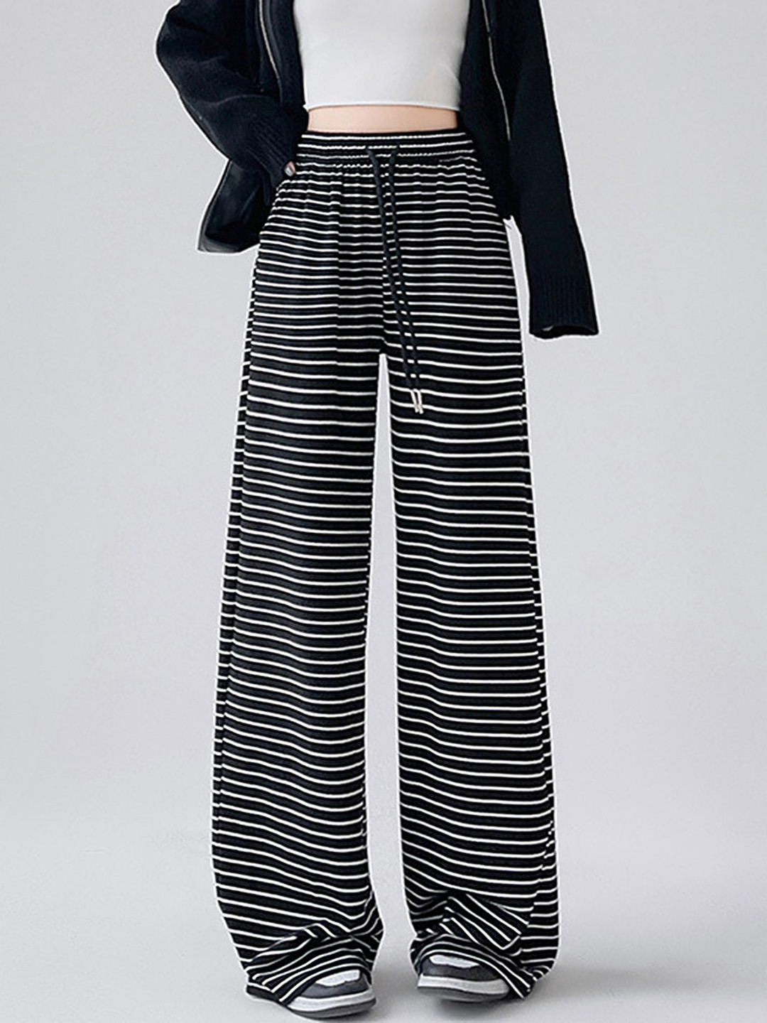 

LULU & SKY Women Stripes Loose Fit High-Rise Trousers, Black