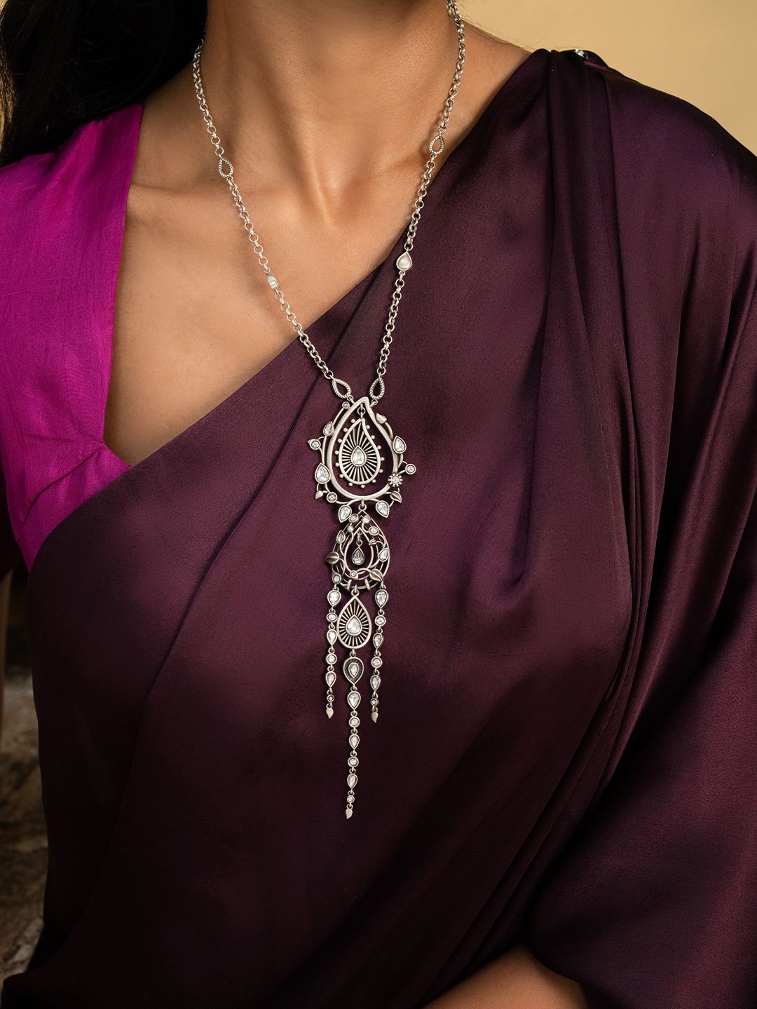 

SHAYA 925 Sterling Silver Artificial Stones Studded Oxidised Necklace