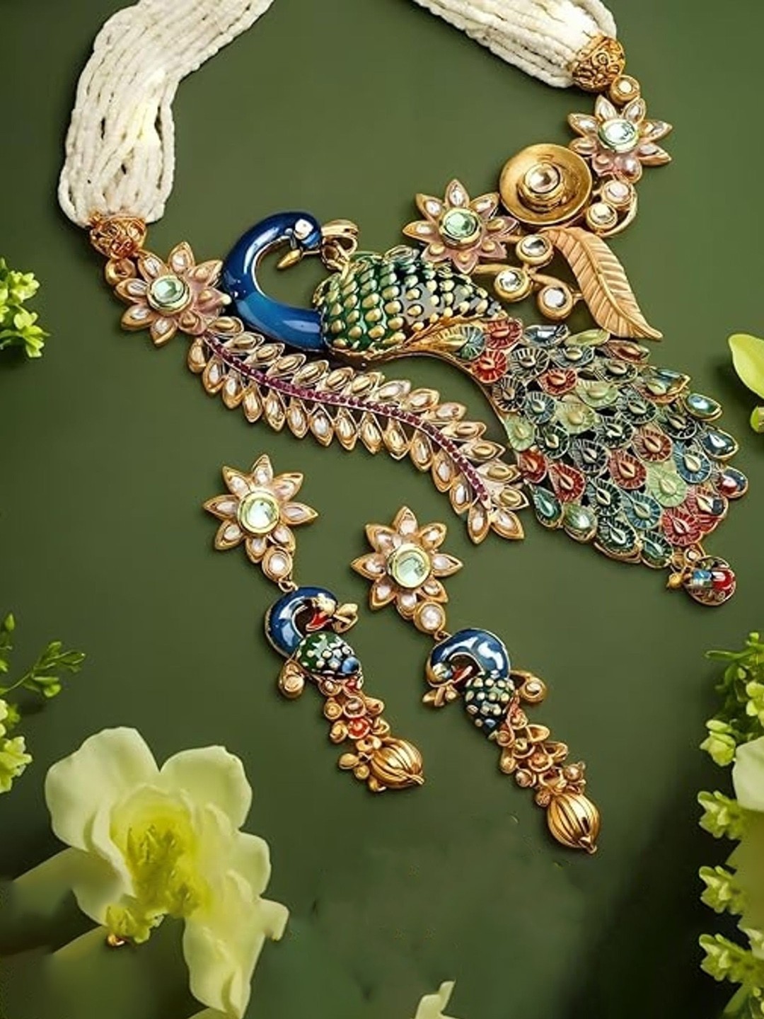 

ORANGENYSHA Gold Plated Kundan Studded & Pearls Meenakari Jewellery Set