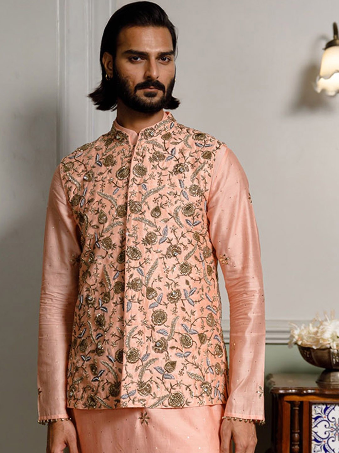 

PS MEN BY PAYAL SINGHAL Ethnic Motifs Embroidered Beads and Stones Kurta Set, Peach