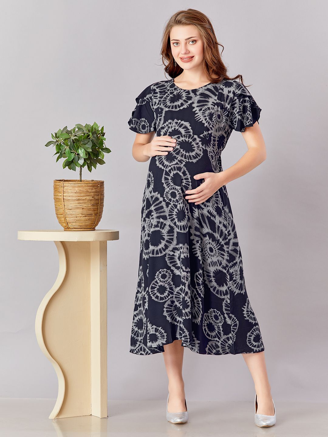 

LOVELY MOM'S Women Printed Maternity A-Line Dress, Navy blue