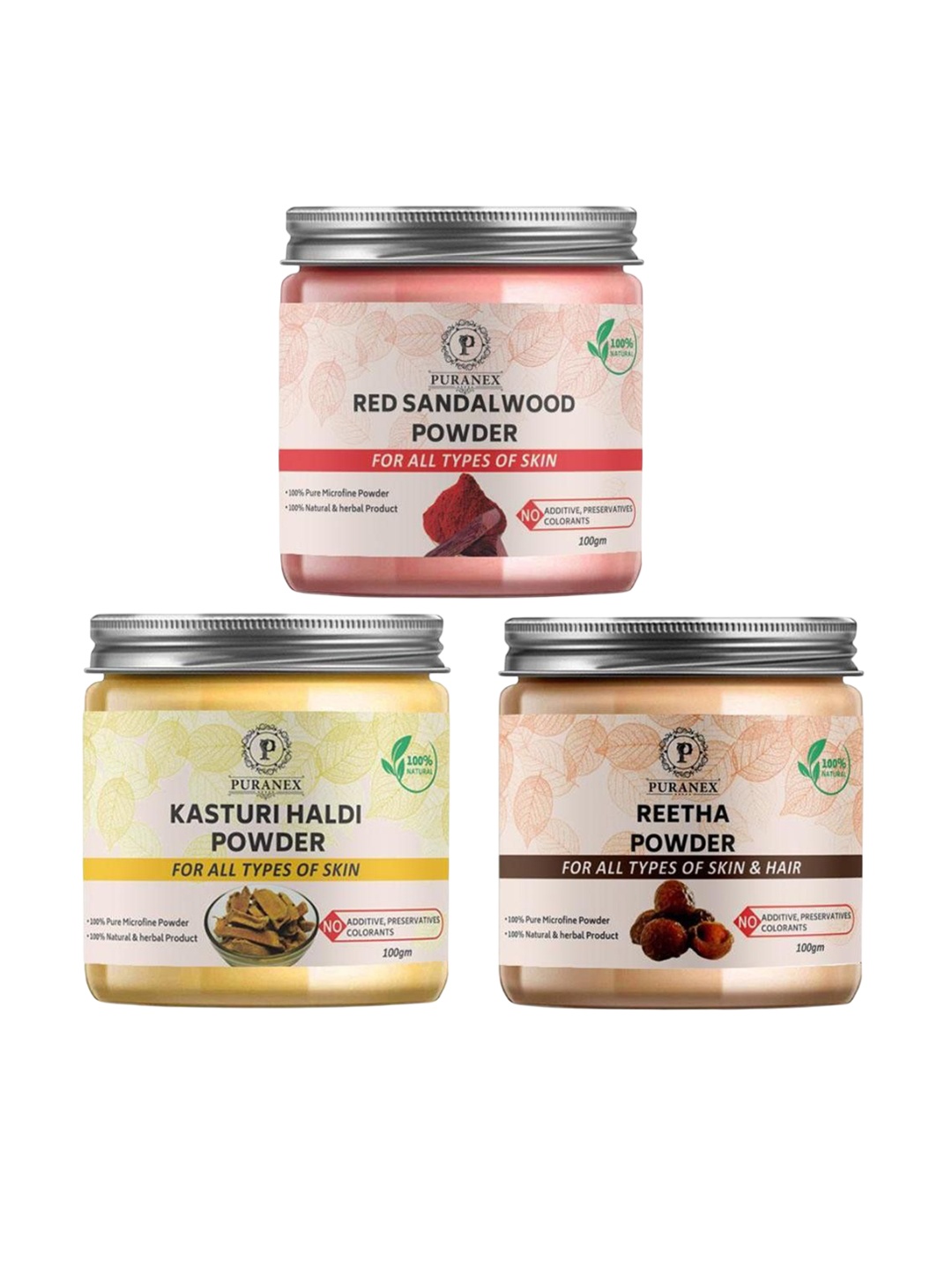 

Puranex Set Of 3 Red Sandalwood - Kasturi Haldi & Reetha Powder - 100 g Each, Pink
