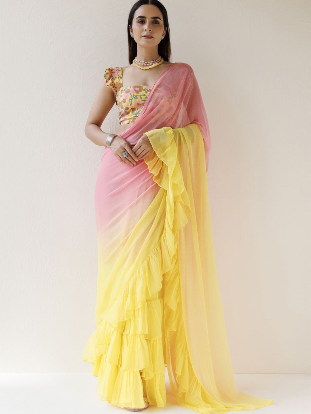 

Geroo Luxe Ombre Poly Chiffon Ready to Wear Saree, Yellow