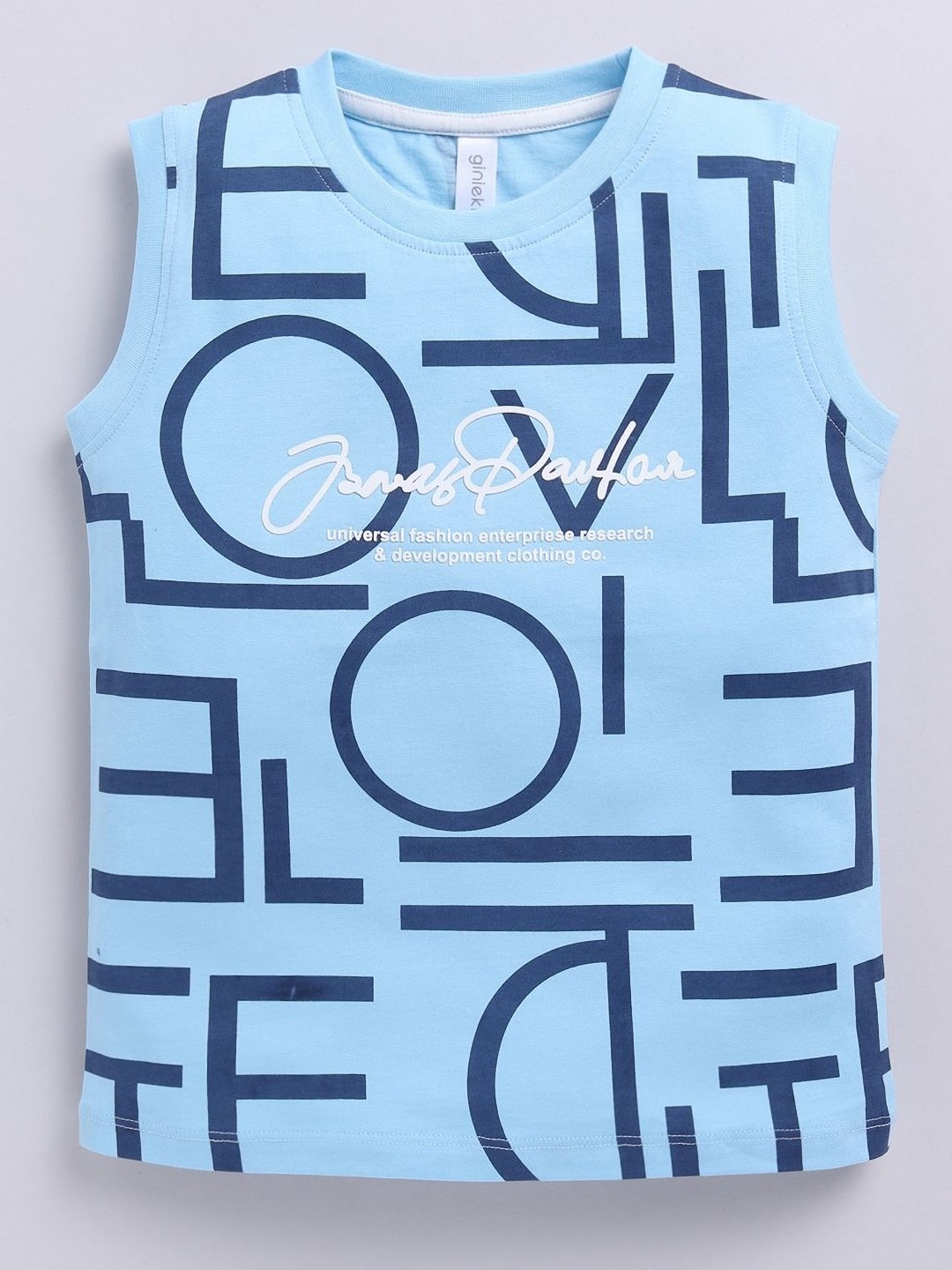 

Ginie Boys Typography Printed Round Neck Sleeveless Pure Cotton T-shirt, Blue