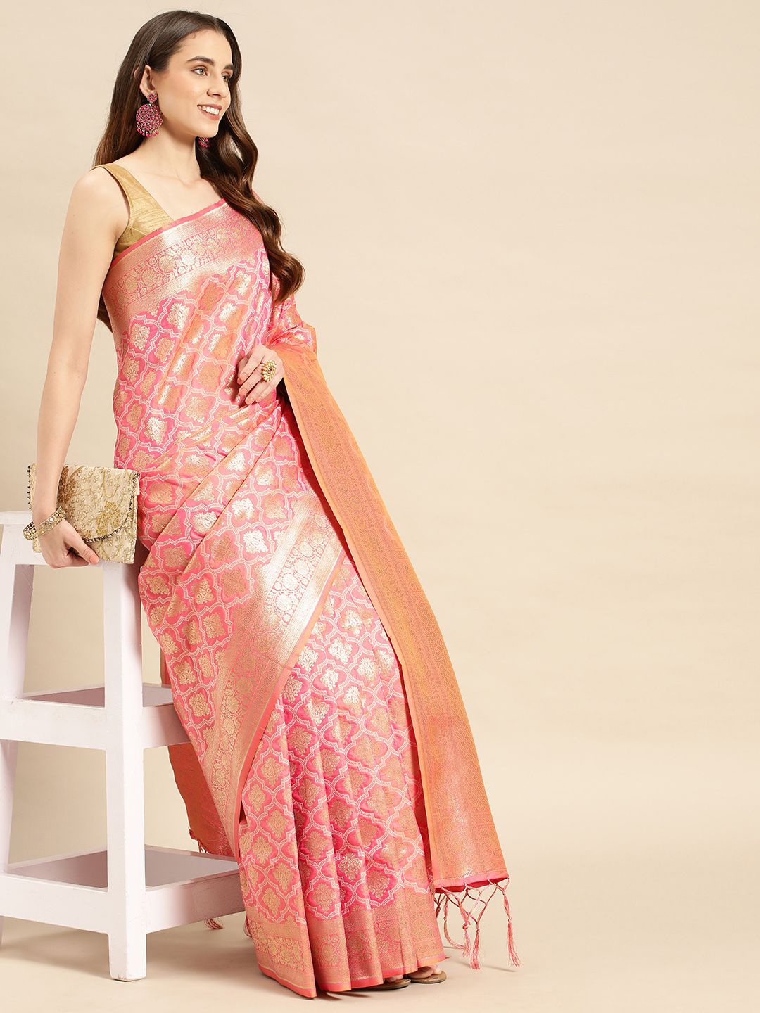 

Royal Rajgharana Saree Woven Design Pure Silk Banarasi Sarees, Peach