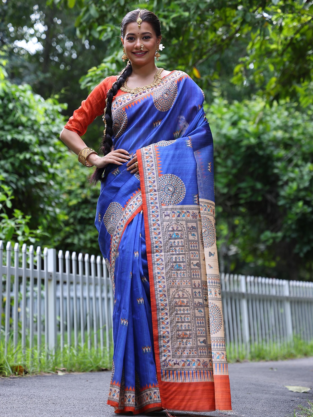 

Kandora Kalamkari Pure Silk Tussar Saree With Unstitched Blouse Piece, Blue