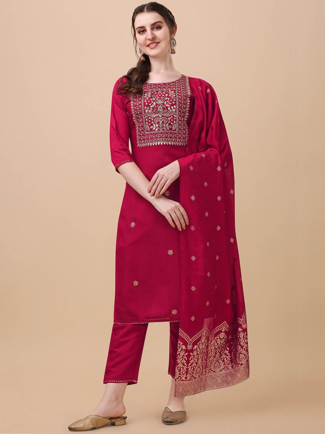 

KALINI Ethnic Motifs Embroidered Kurta with Trousers & Dupatta, Pink