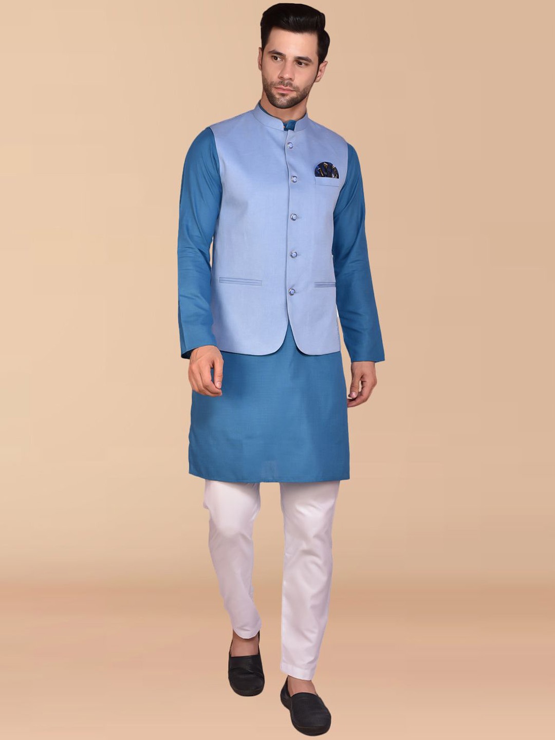 

PRINTINDIA Pure Cotton Straight Kurta with Trousers & Nehru jacket, Blue