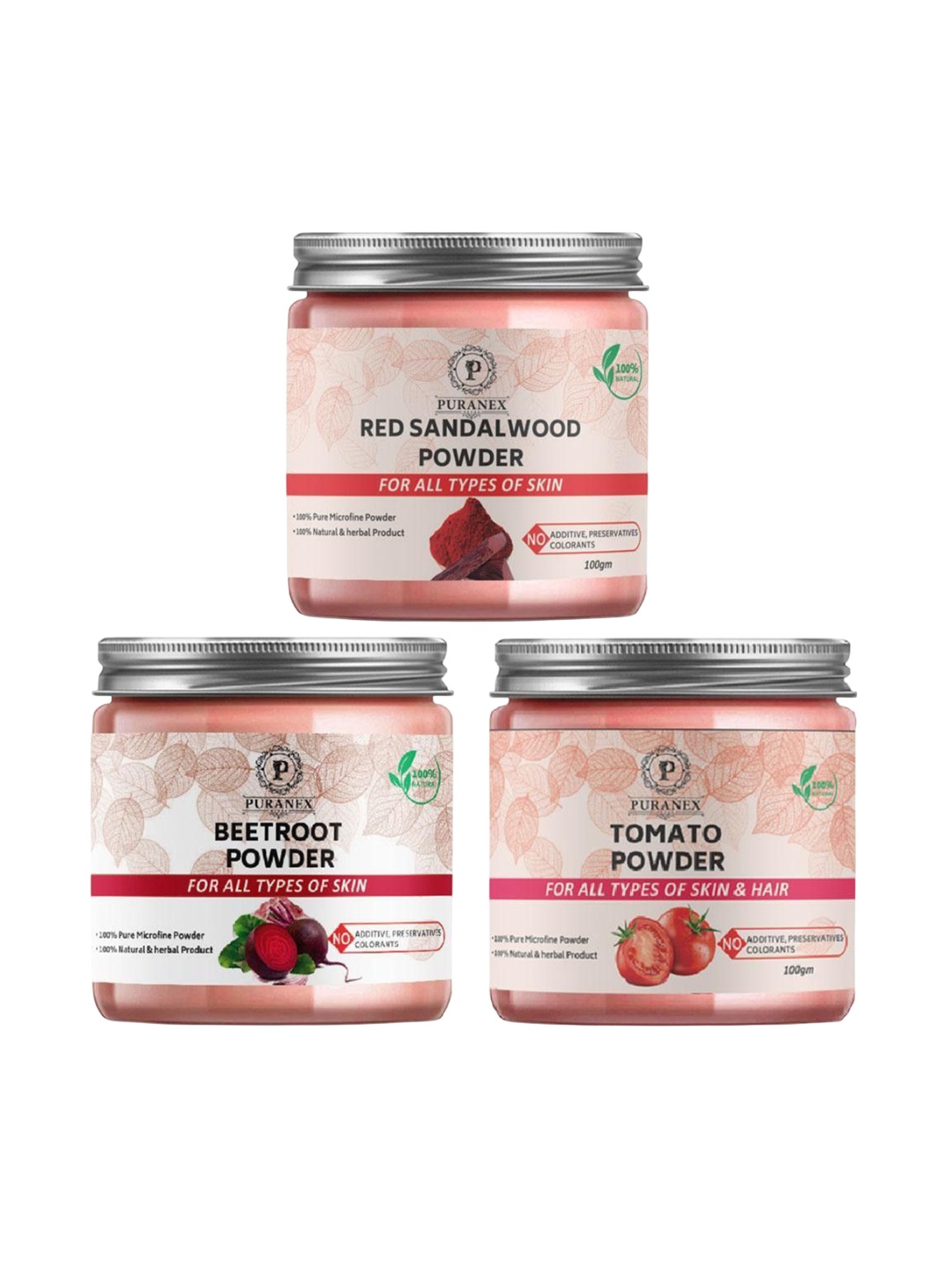 

Puranex Set Of 3 Red Sandalwood, Beetroot & Tomato Hair & Skin Powder -100 g Each, White