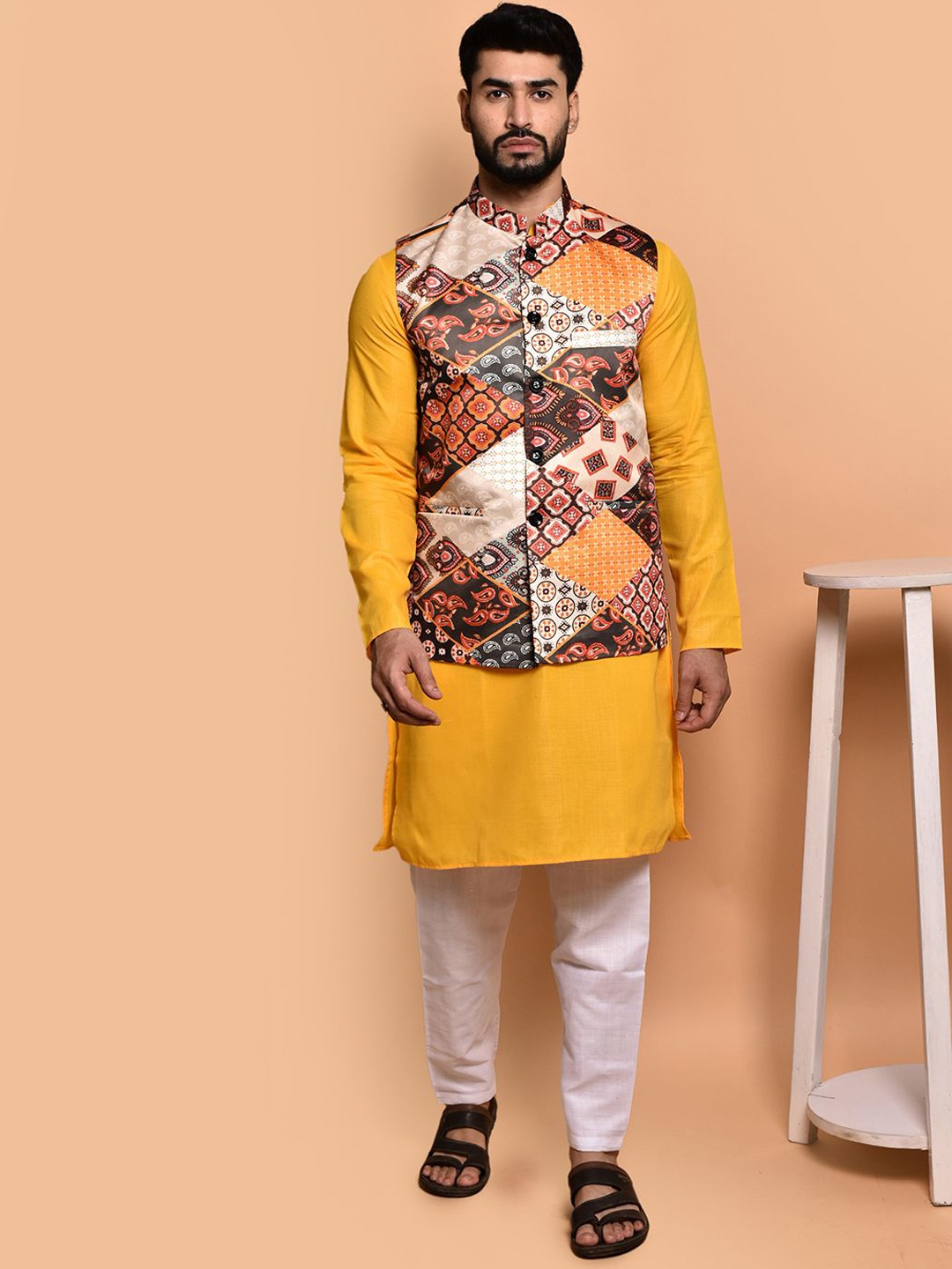 

PRINTINDIA Mandarin Collar Pure Cotton Kurta with Trouser & Jacket, Yellow