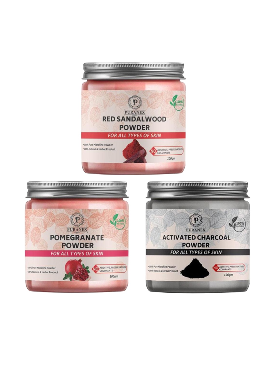 

Puranex Set Of 3 Pomegranate - Red Sandal Wood & Activated Charcoal Powder - 100 gm Each, Pink