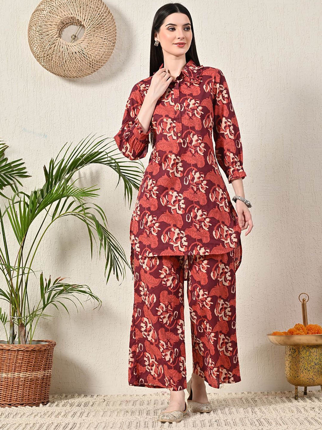 

FERANOID Printed Pure Cotton Tunic With Palazzos, Maroon