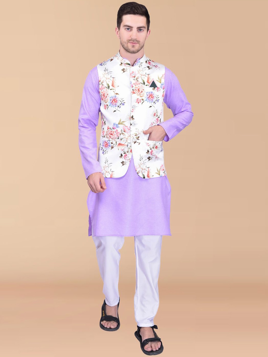 

PRINTINDIA Mandarin Collar Pure Cotton Straight Kurta With Trousers & Jacket, Purple