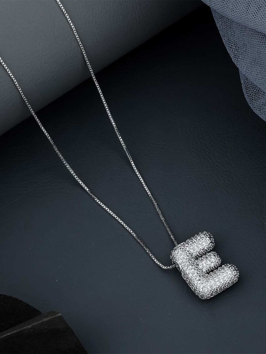 

SKY SHOPPERS Unisex Silver-Plated Cubic Zirconia Studded Alphabet E Pendant With Chain