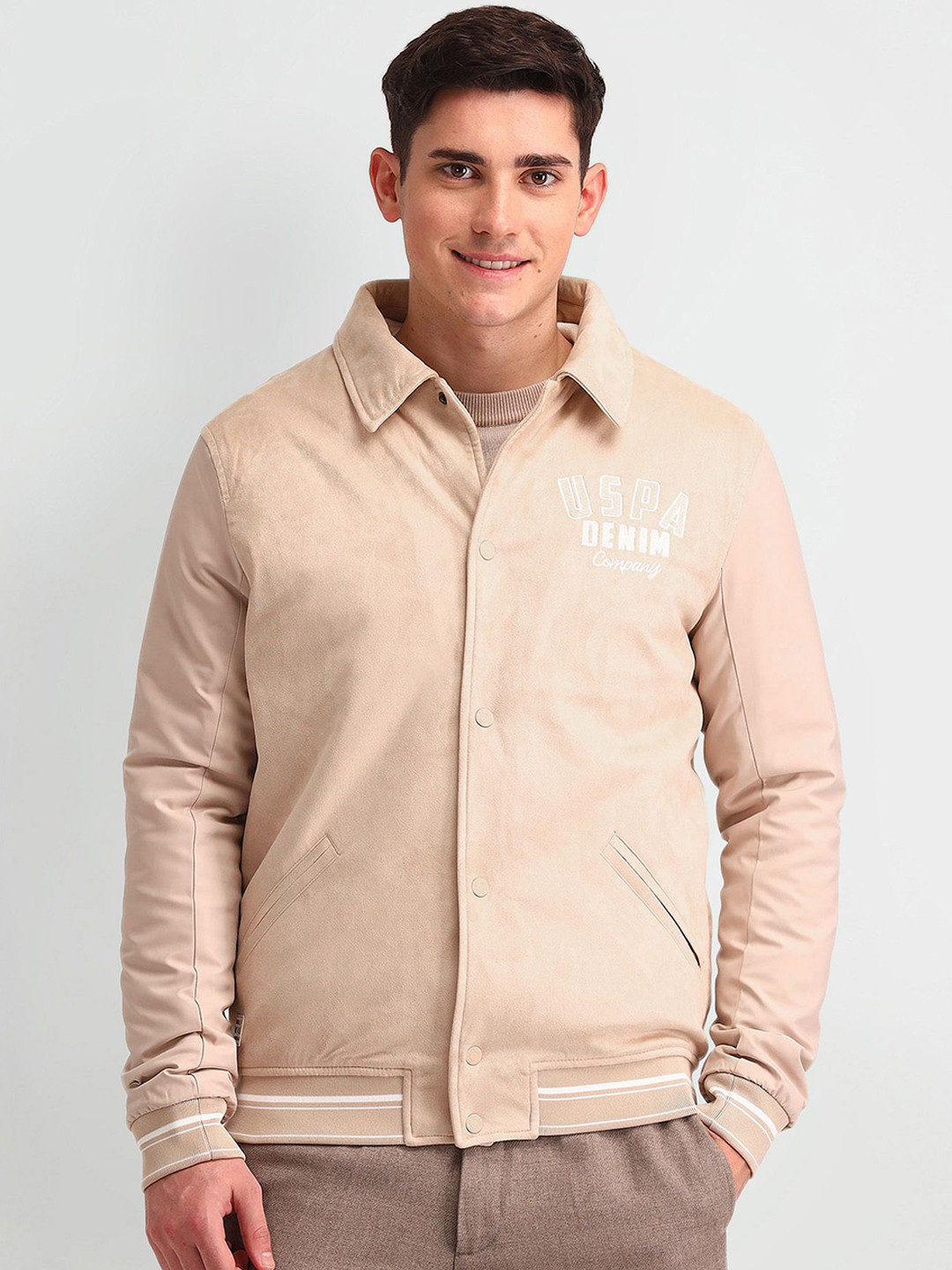 

U.S. Polo Assn. Denim Co. Men Spread Collar Typography Embroidered Casual Bomber Jacket, Pink