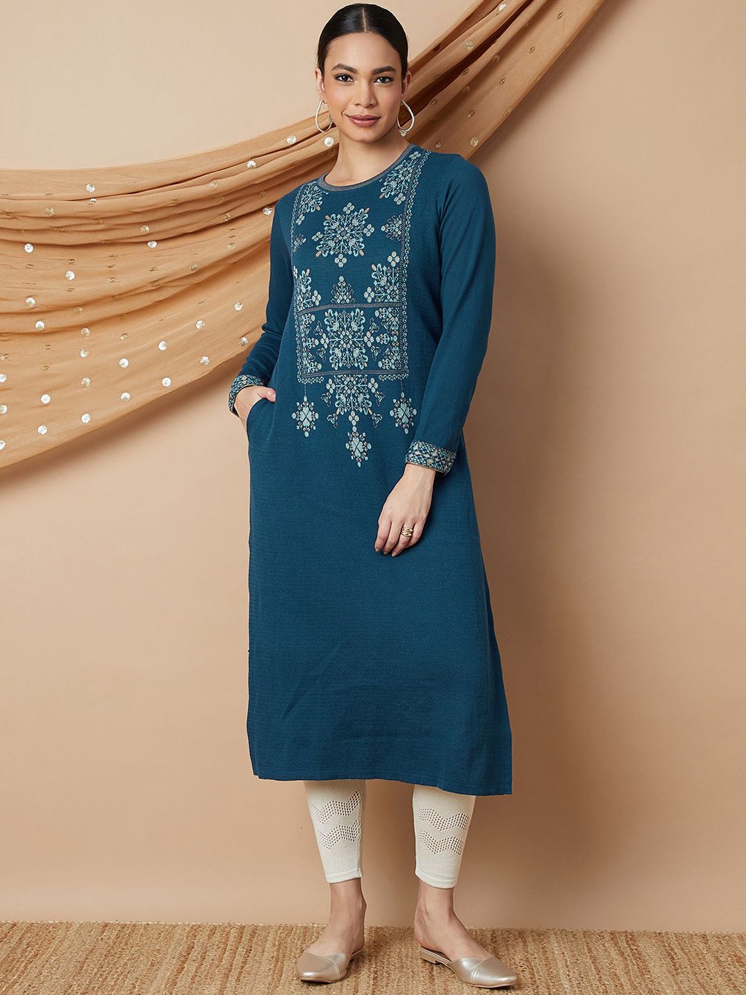 

Melange by Lifestyle Ethnic Motifs Embroidered Thread Work Acrylic Straight Kurta, Blue