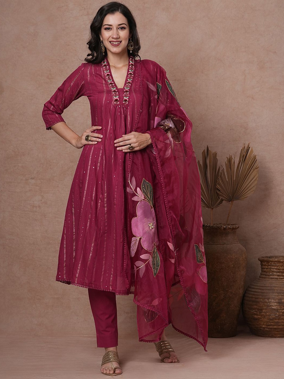 

FASHOR Floral Embroidered Panelled Pure Cotton Kurta with Trousers & Dupatta, Mauve