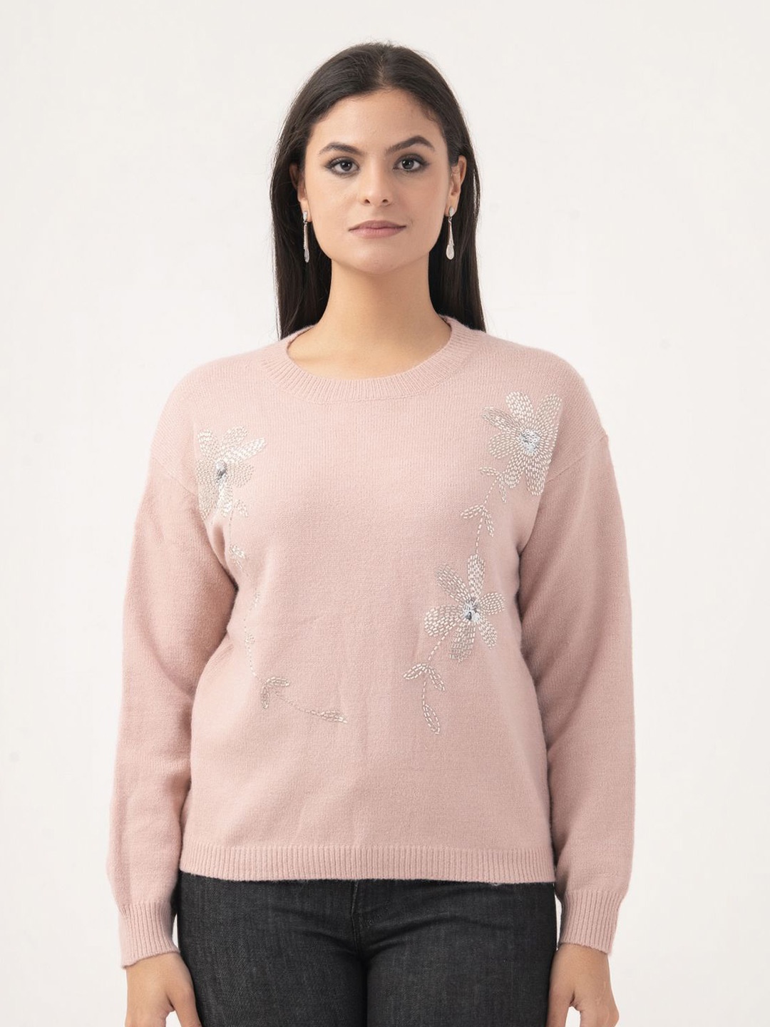 

Albion By CnM Women Floral Pullover Sweaters With Embroidered Detail, Pink