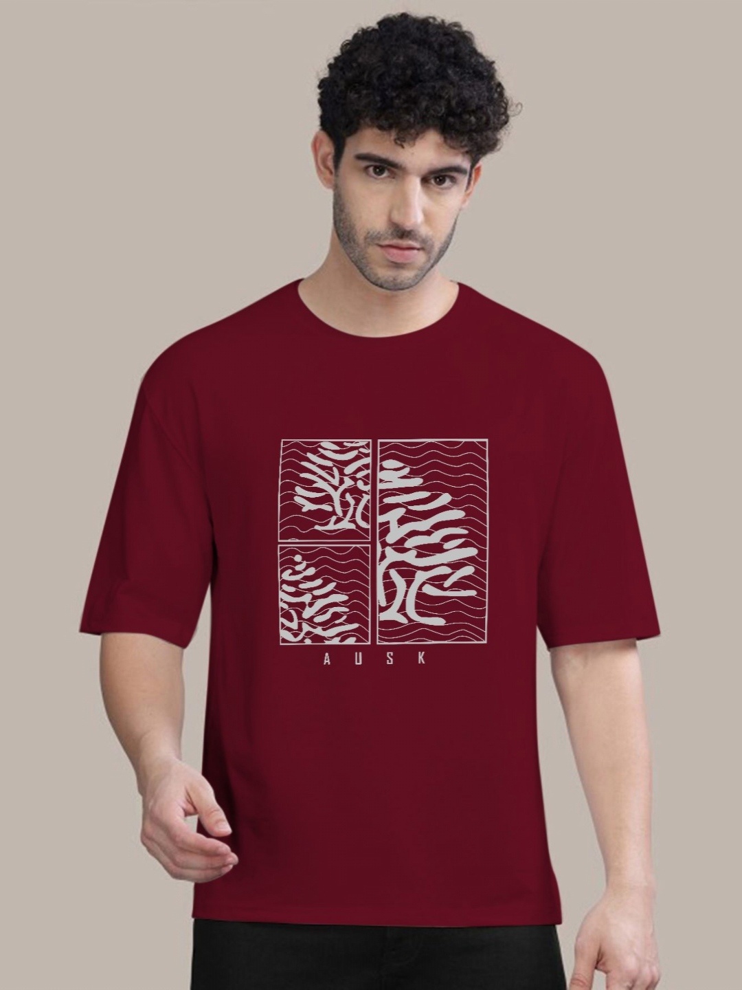 

AUSK Men Graphic Printed Round Neck Cotton T-shirt, Maroon