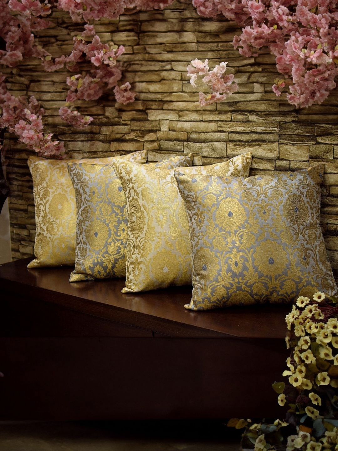 

RoyalDeco Grey & Yellow 4 Pieces Ethnic Motifs Square Cushion Covers