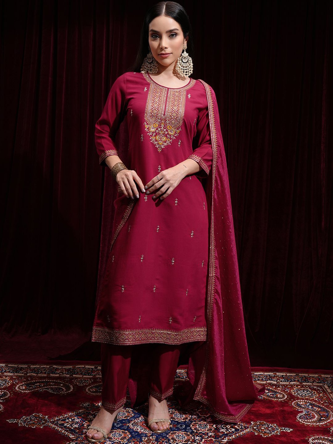 

Vishudh Pink Ethnic Motifs Embroidered Regular Straight Kurta with Palazzos & Dupatta