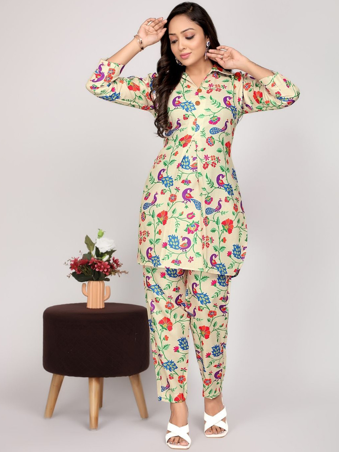 

NIJANAND TEXTILE Shirt Collar Printed Pure Cotton Top With Trouser, Cream