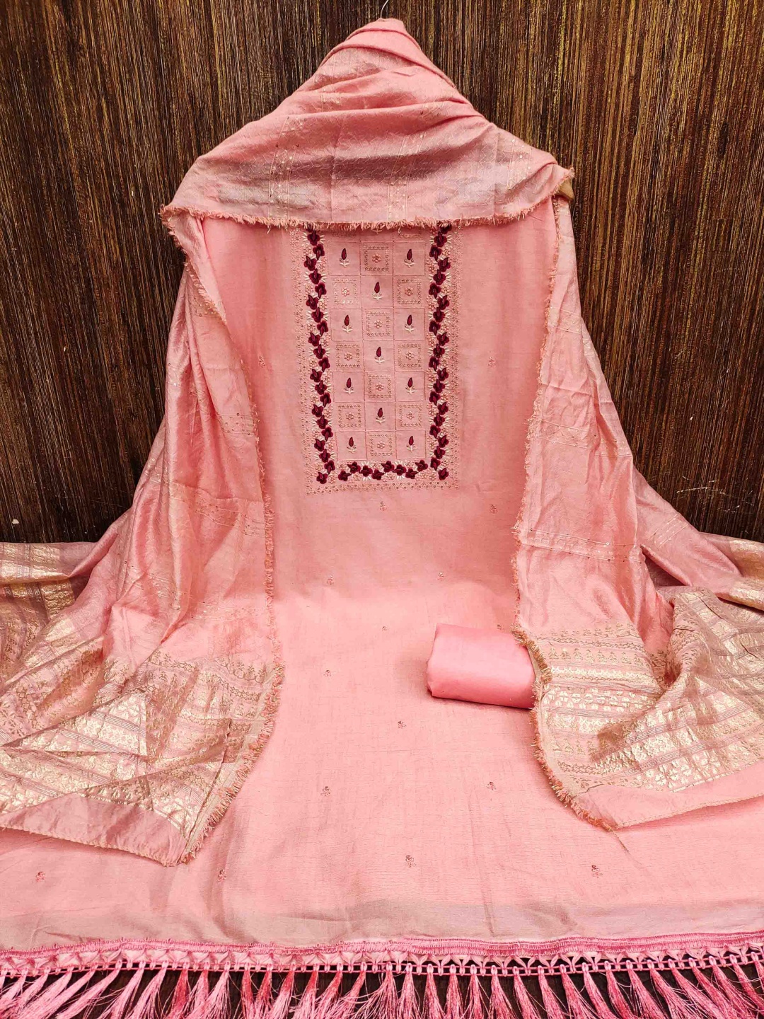 

Maroosh Geometric Embroidered Cotton Unstitched Dress Material, Peach