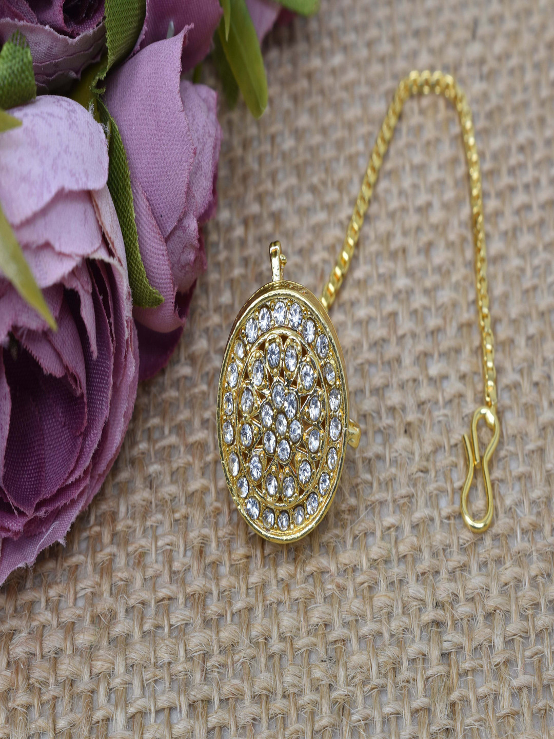 

MEIRA JEWELLERY Gold-Plated Artificial Stones Studded Matha Patti Head Jewellery