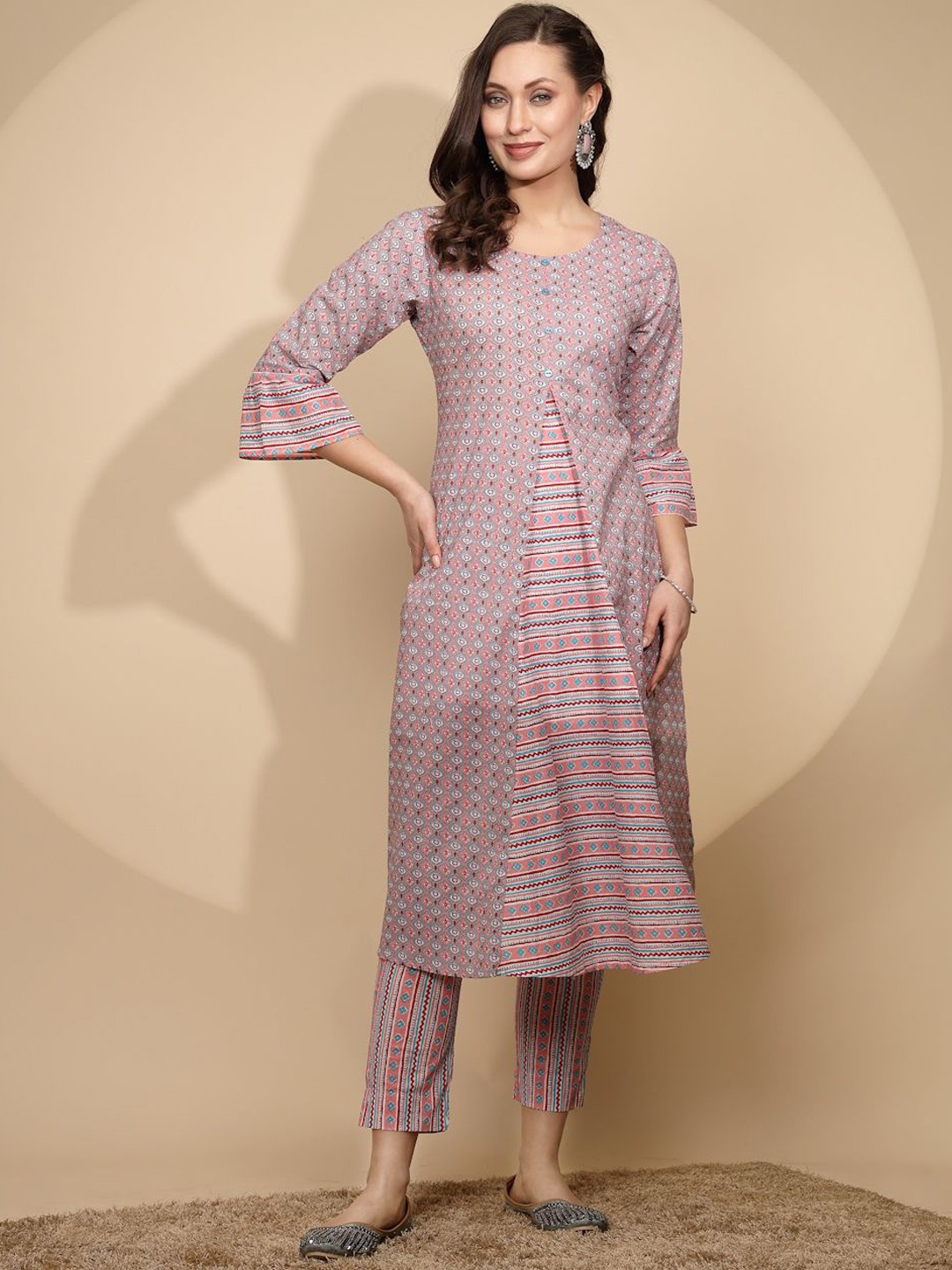 

Me&I Ethnic Motifs Printed Pure Cotton Kurta With Trousers, Pink