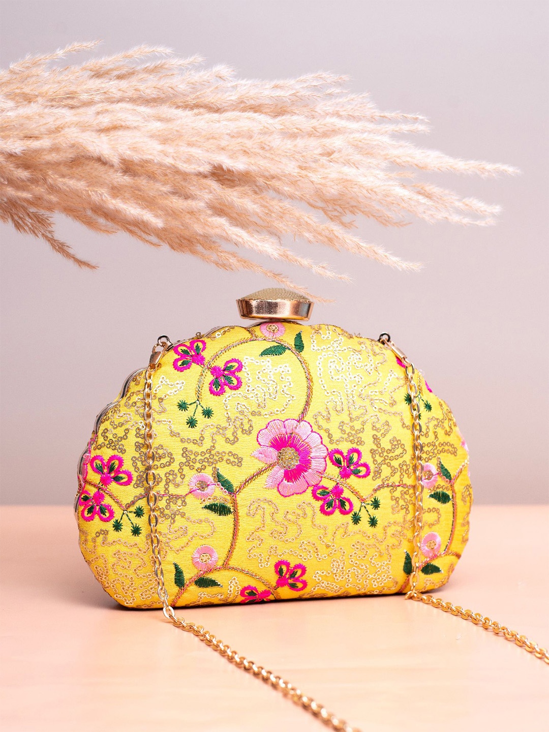 

ARTKLIM Floral Embroidered Box Clutch, Yellow