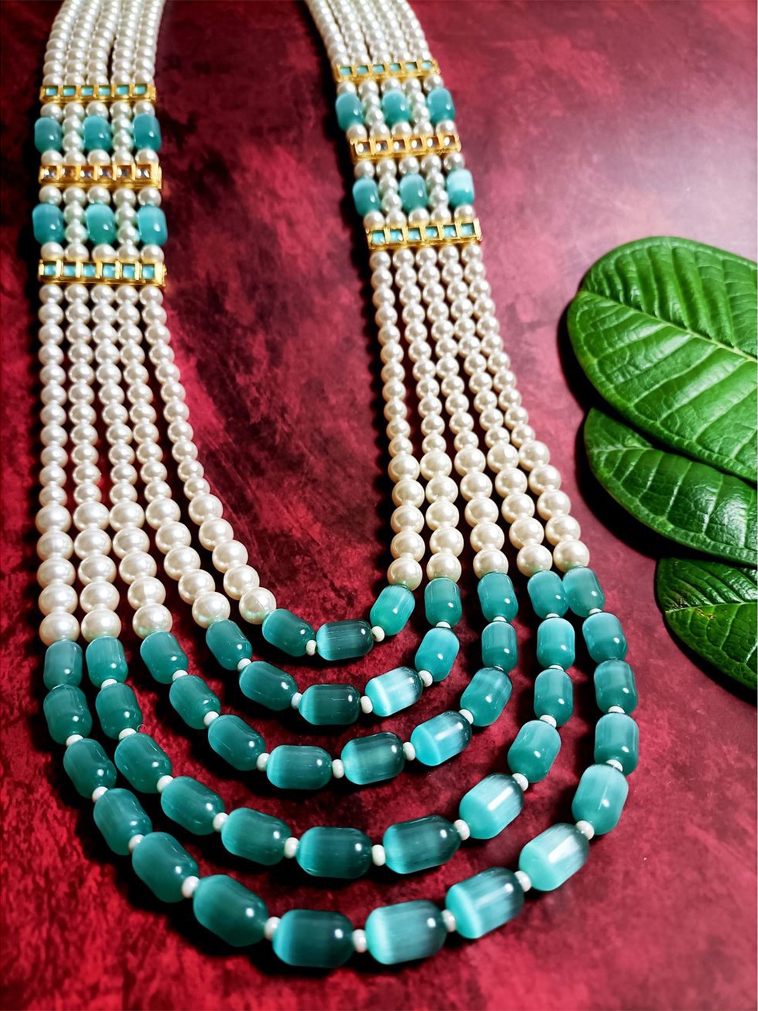 

Radhe Creation Men Gold-Plated Kundan & Pearl Studded Five Layered Necklace, White