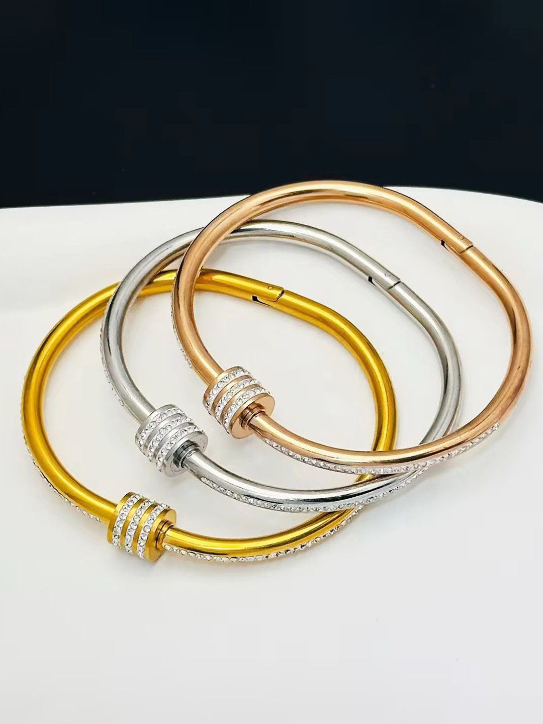 

DIVASTRI Set Of 3 Stainless Steel Gold-Plated American Diamond Studded Kada Bracelets