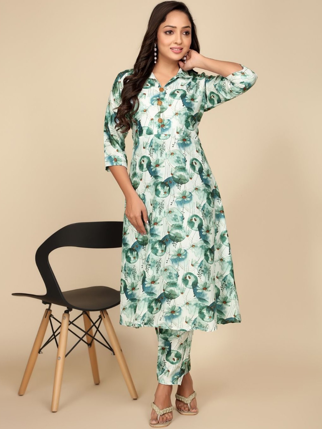 

NIJANAND TEXTILE Shirt Collar Floral Pure Cotton Top With Trouser, White